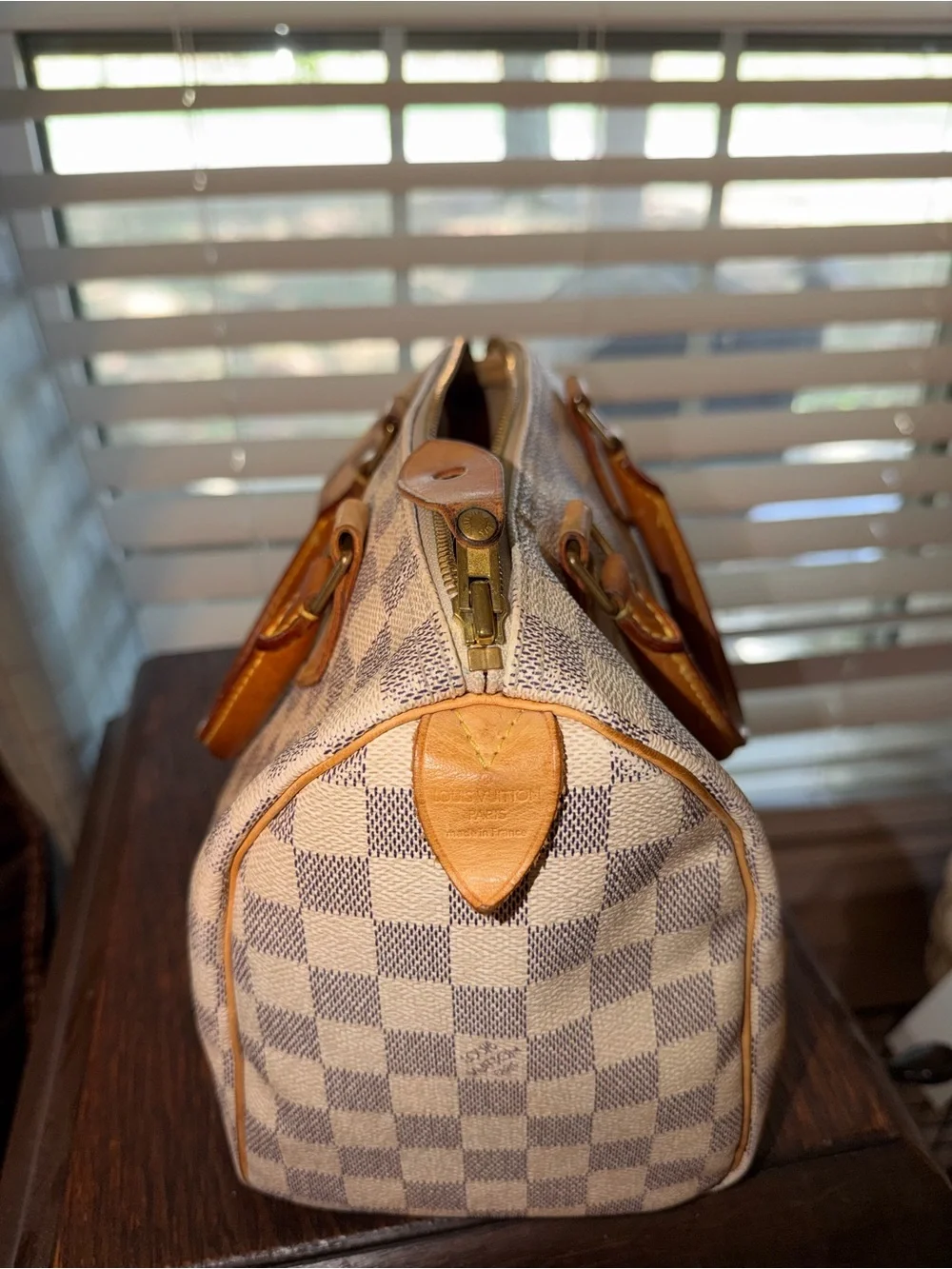 Louis Vuitton Cream and Tan Damier Azur Speedy Satchel